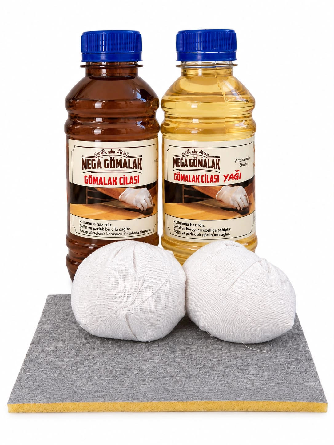 Doğal Ahşap Cila Seti Gomalak 250ml + Cila Yağı 250ml + 2 adet Sürme Topu + Zımpara