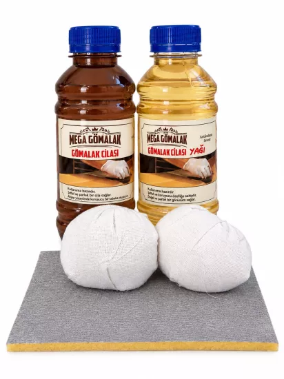 Doğal Ahşap Cila Seti Gomalak 250ml + Cila Yağı 250ml + 2 adet Sürme Topu + Zımpara