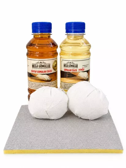 Doğal Ahşap Cila Seti Şeffaf Gomalak 250ml + Cila Yağı 250ml + 2 adet Sürme Topu + Zımpara